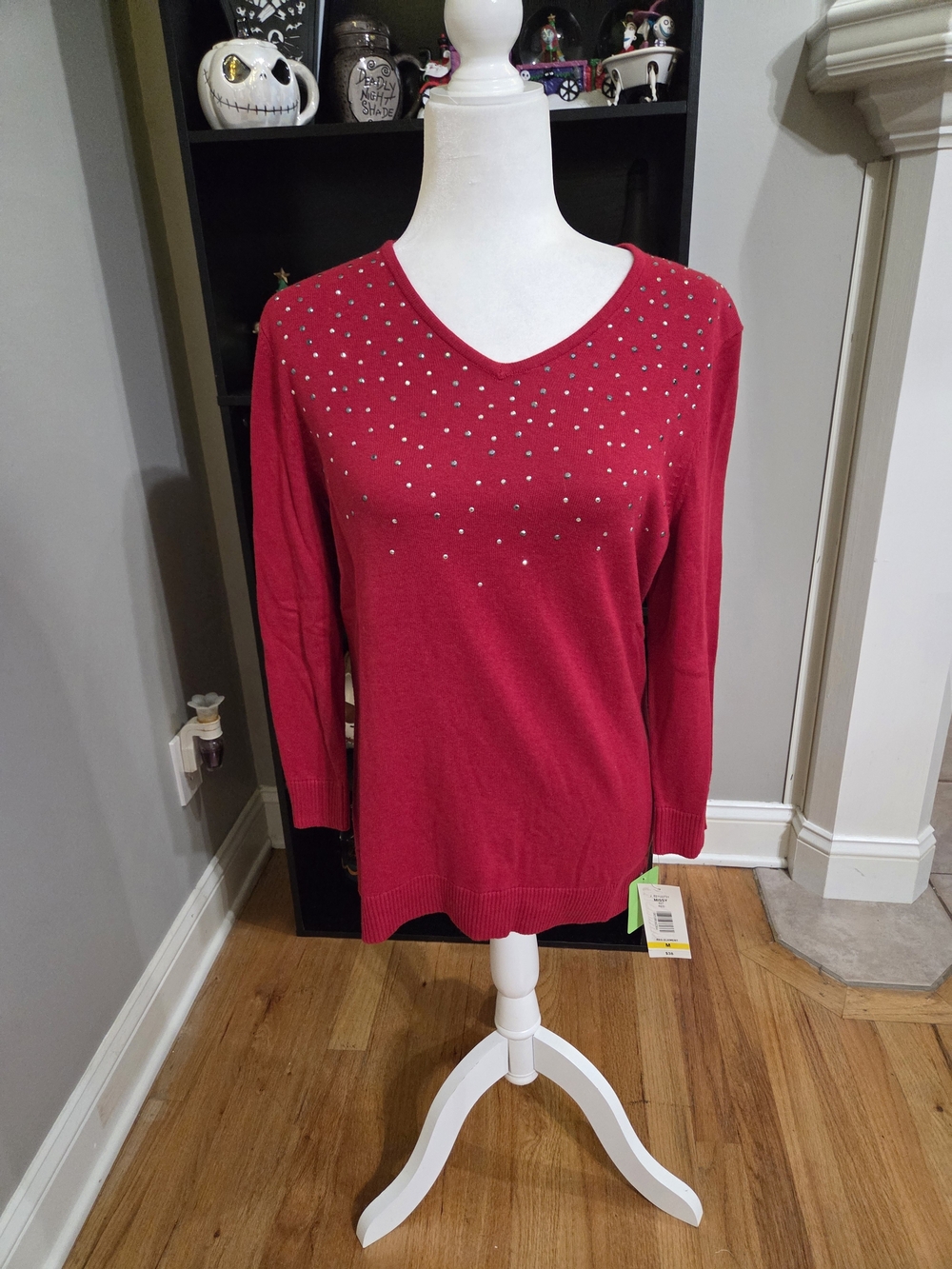 Allison Daley Red V-Neck Sweater with Stud Accents
